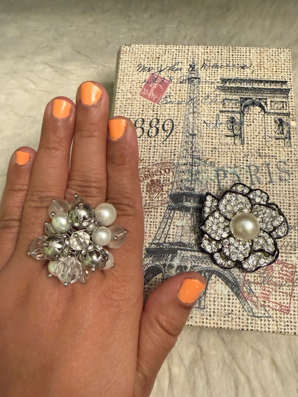 2 Piece Adjustable Pearl and Crystal Cluster Cocktail Ring and matching brooch